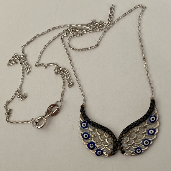 925 Silver angel wings necklace evil eye black cz - Picture 2 of 4